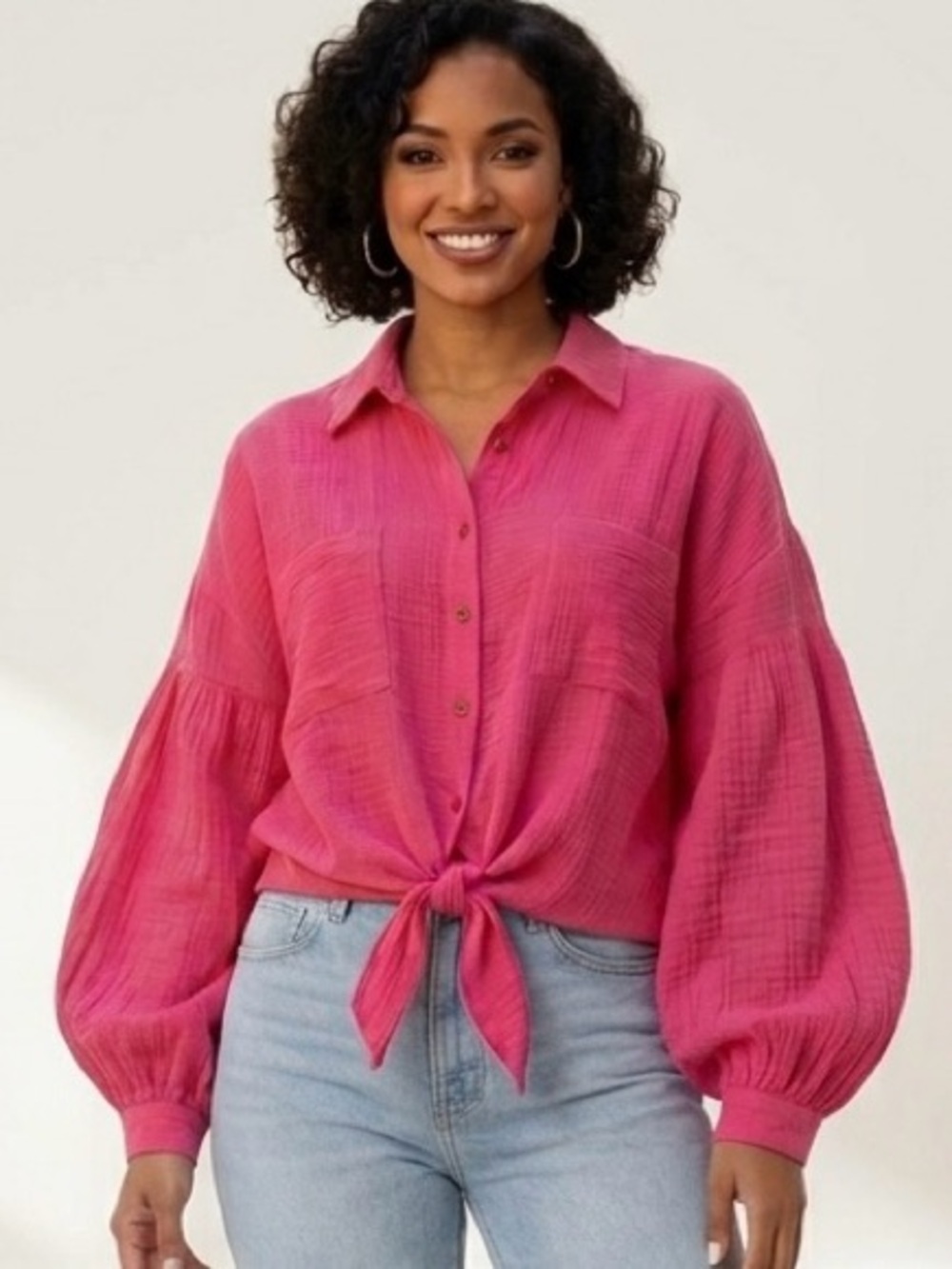 Peach Love California Pink Tie-Front Button Down Balloon Sleeve Top